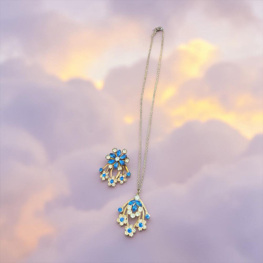 Vintage Blue Rhinestone Flower Necklace Brooch Set Romantic Floral Demi Parure
